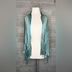 Boho Knit Fringe Shawl Wrap Teal Brown Lightweight Open Weave Scarf